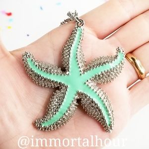 Huge Silver Starfish Auqa Blue Necklace